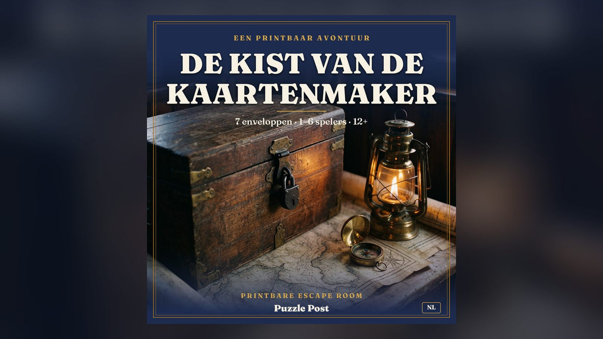 Cover van de printbare escape room De Kist van de Kaartenmaker: oude houten kist met hangslot, olielamp en kompas op een zeekaart