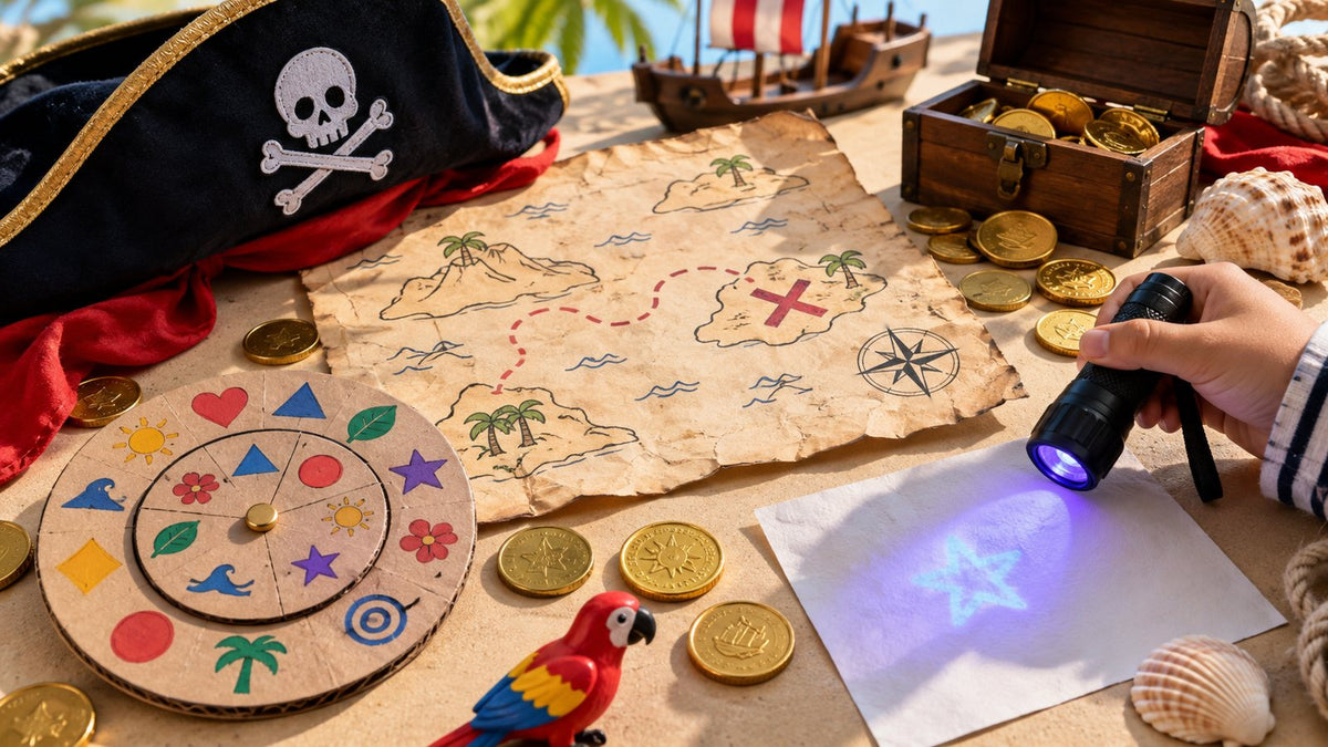 Schatkaart, decodeerschijf en een UV-lampje dat onzichtbare inkt laat zien op een zonnige tafel – speurtocht voor kinderen Kapitein Kompas