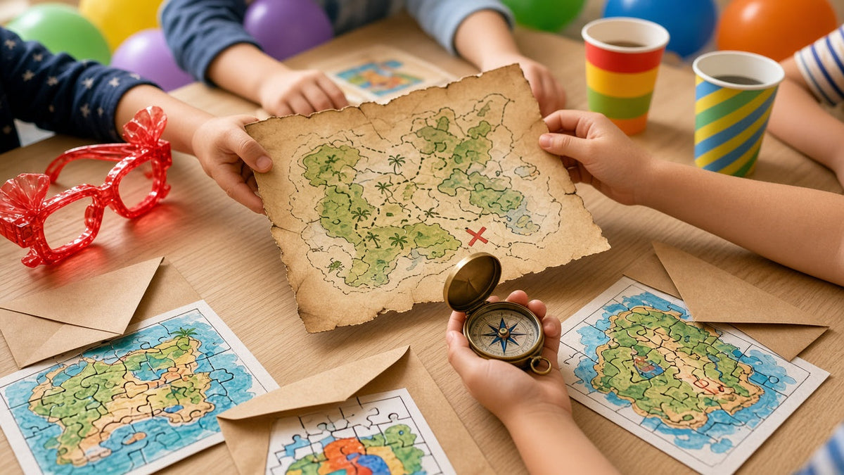 Kinderhanden met een geprinte schatkaart en een kompas op een feesttafel met ballonnen
