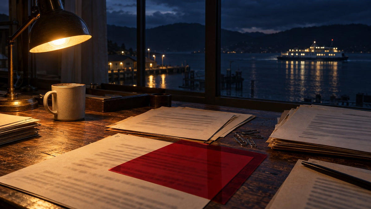 Avondsfeer met dossierpagina’s en een rood filter op tafel, met zicht op een veerboot in de haven – cold case spel Dossier Nachtboot