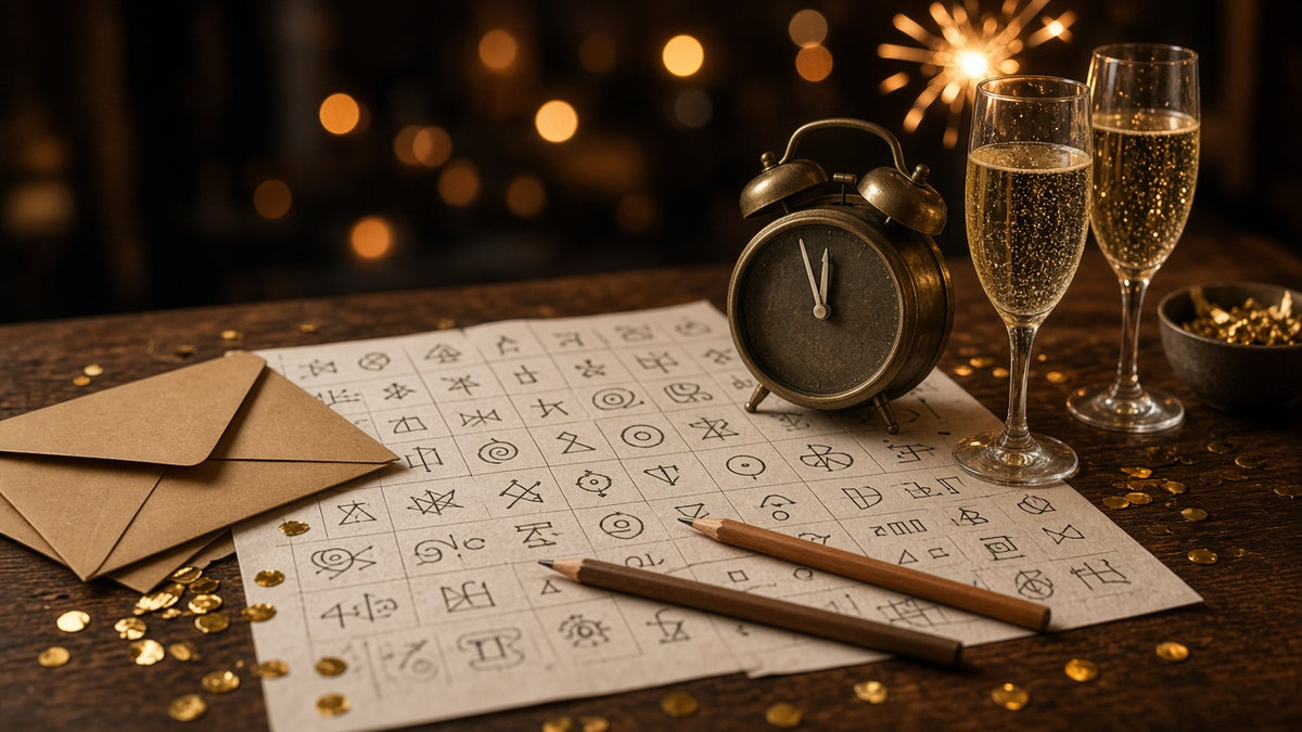 Printbare oud en nieuw escape room met enveloppen, potloden en een klok bijna op twaalf op een feestelijke tafel