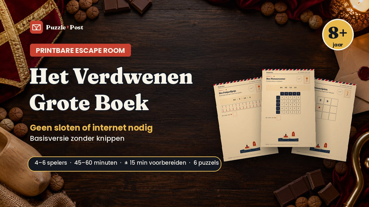 Printbare Sinterklaas escape room Het Verdwenen Grote Boek van Puzzle Post: geprinte puzzelpagina's op tafel met pepernoten en chocolade