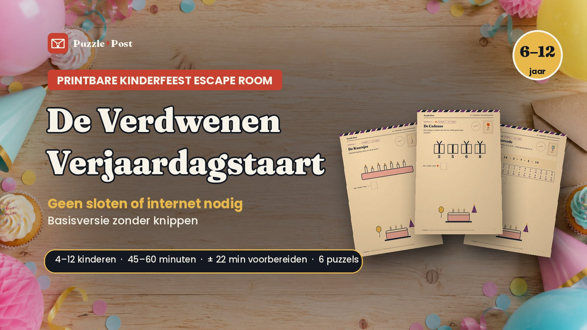 Printbare kinderfeest escape room De Verdwenen Verjaardagstaart van Puzzle Post: puzzelpagina's tussen ballonnen en cupcakes