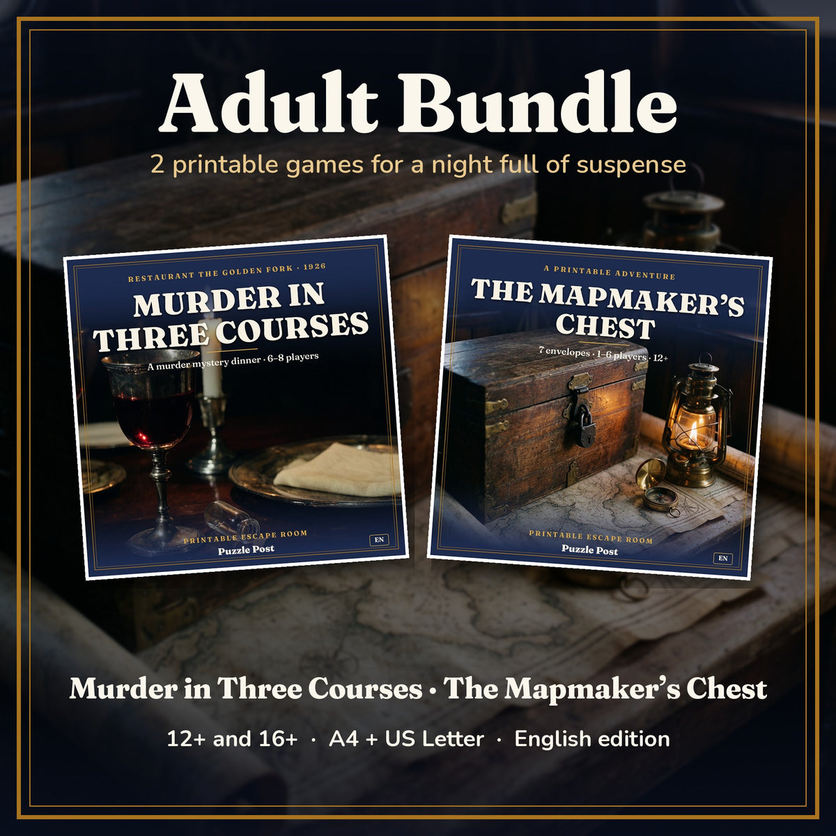 Adult Bundle, English edition – covers of Murder in Three Courses and The Mapmaker’s Chest