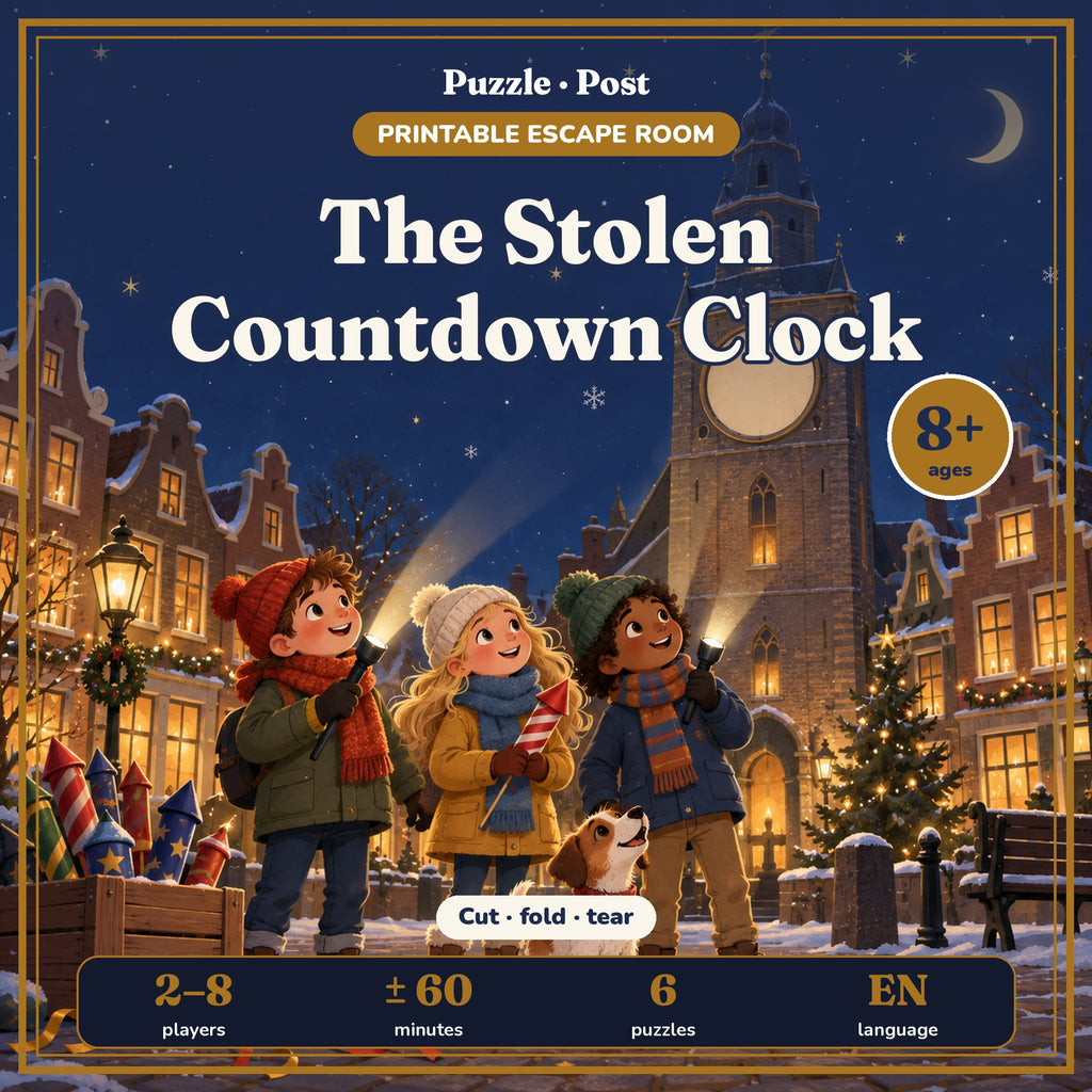 The Stolen Countdown Clock – printable New Year’s Eve escape room, English edition cover, 8+
