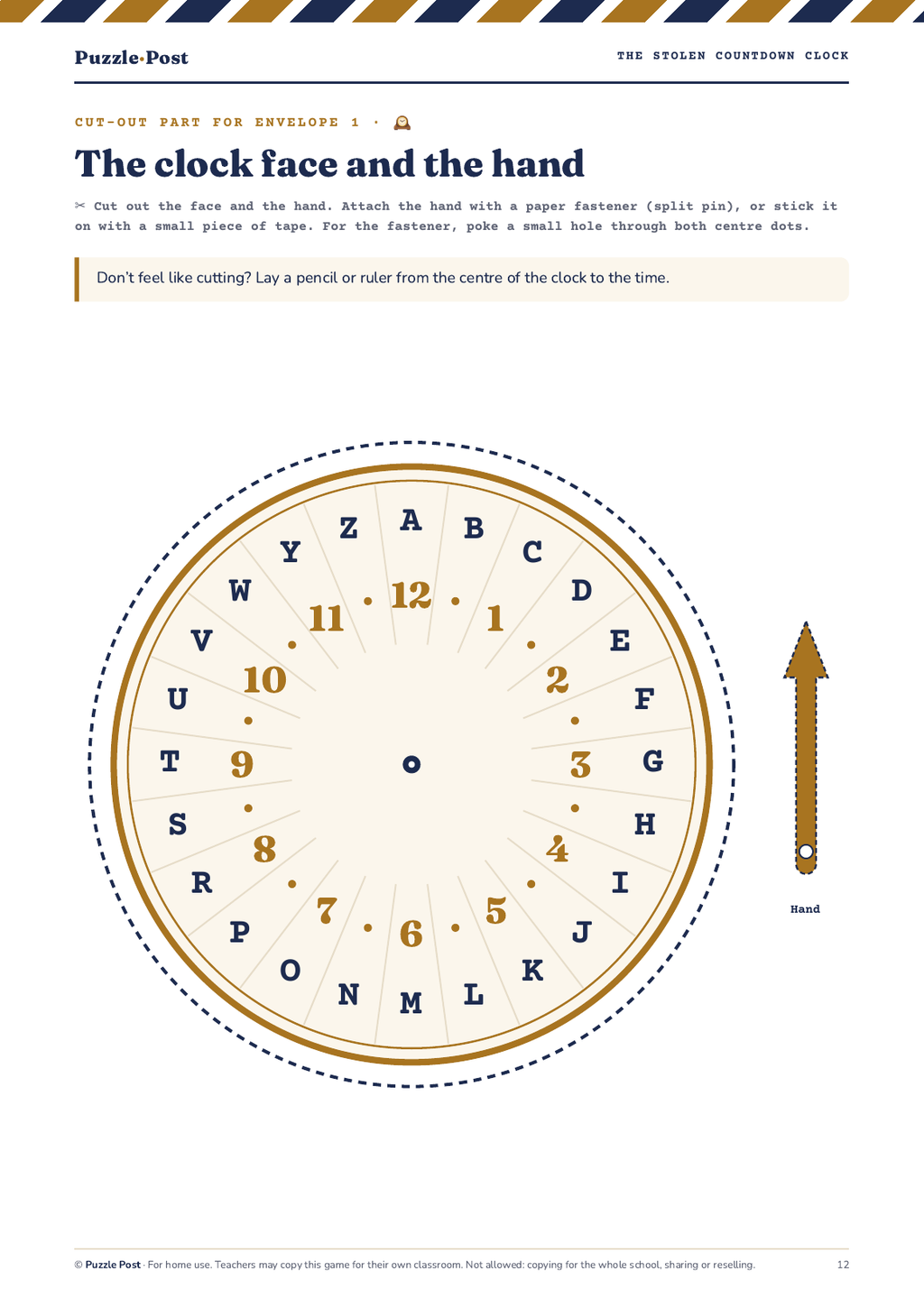 The Stolen Countdown Clock – English edition: clock face with a turning hand to cut out