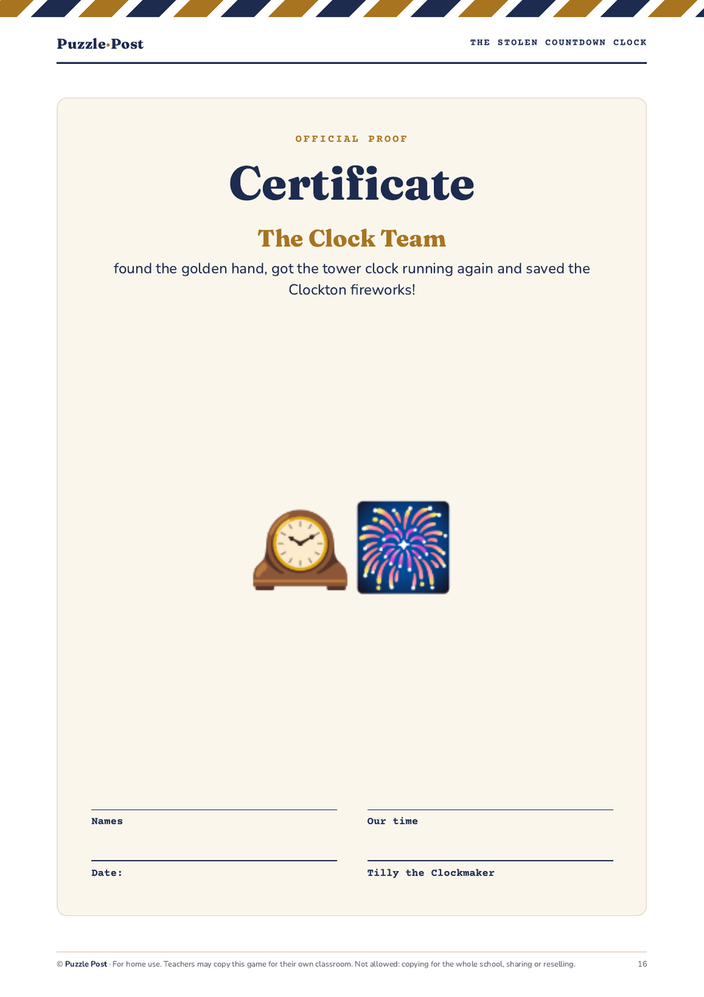 The Stolen Countdown Clock – English edition: certificate for the Clock Team