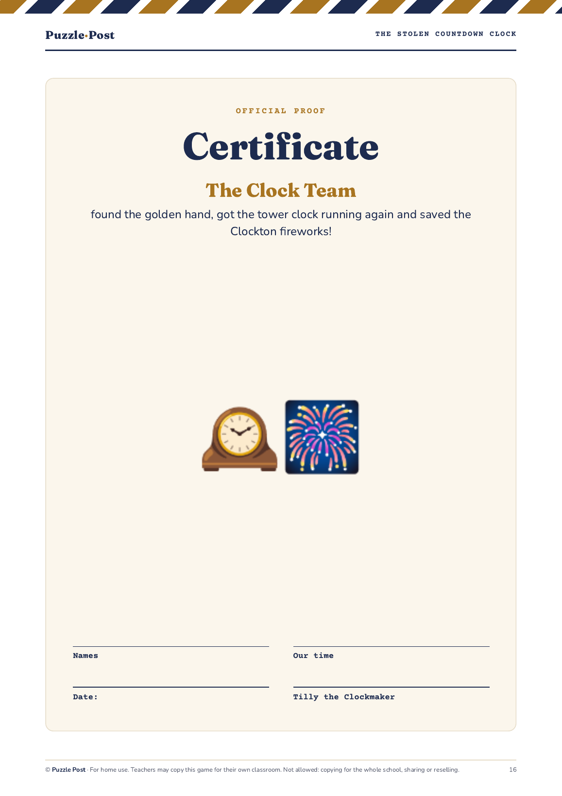 The Stolen Countdown Clock – English edition: certificate for the Clock Team