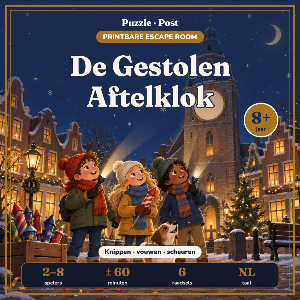 De Gestolen Aftelklok – printbare escape room voor oudejaarsavond, kinderen kijken naar de torenklok zonder wijzer, 8+, omslag