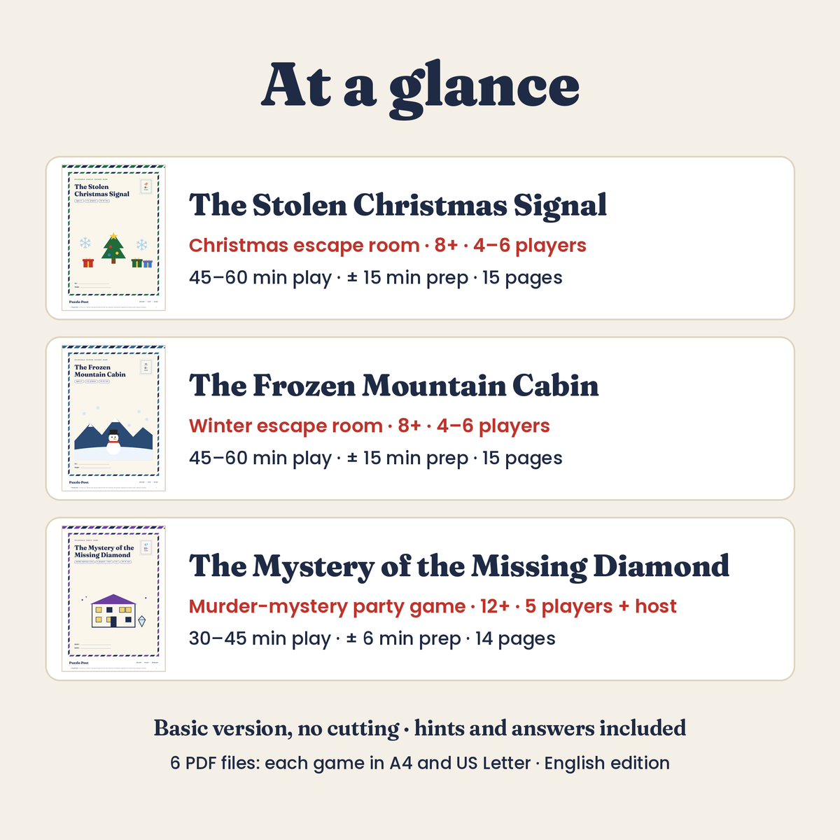 Holiday Bundle, English edition, at a glance: age, players, play time and prep per game