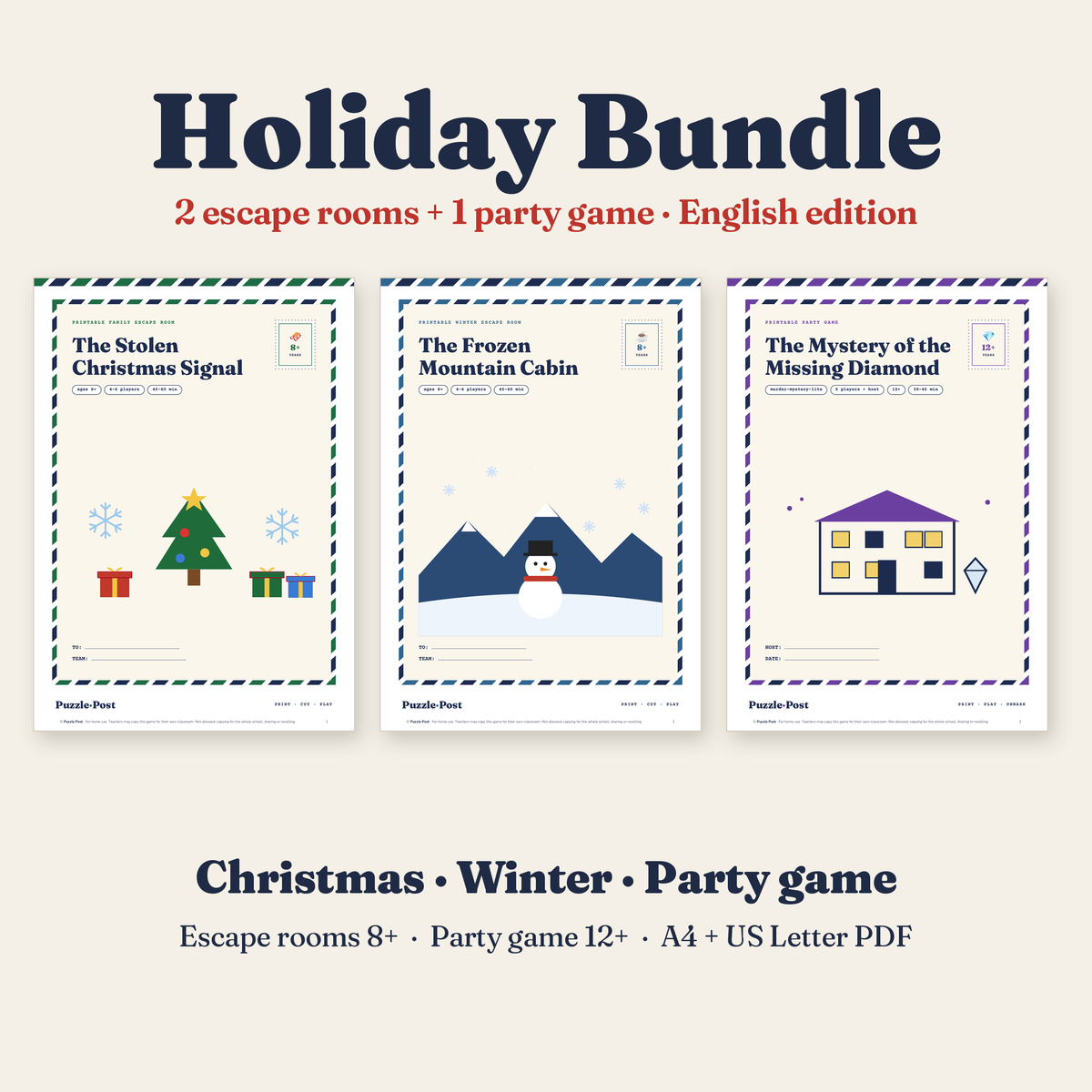 Holiday Bundle by Puzzle Post, English edition – covers of The Stolen Christmas Signal, The Frozen Mountain Cabin and The Mystery of the Missing Diamond