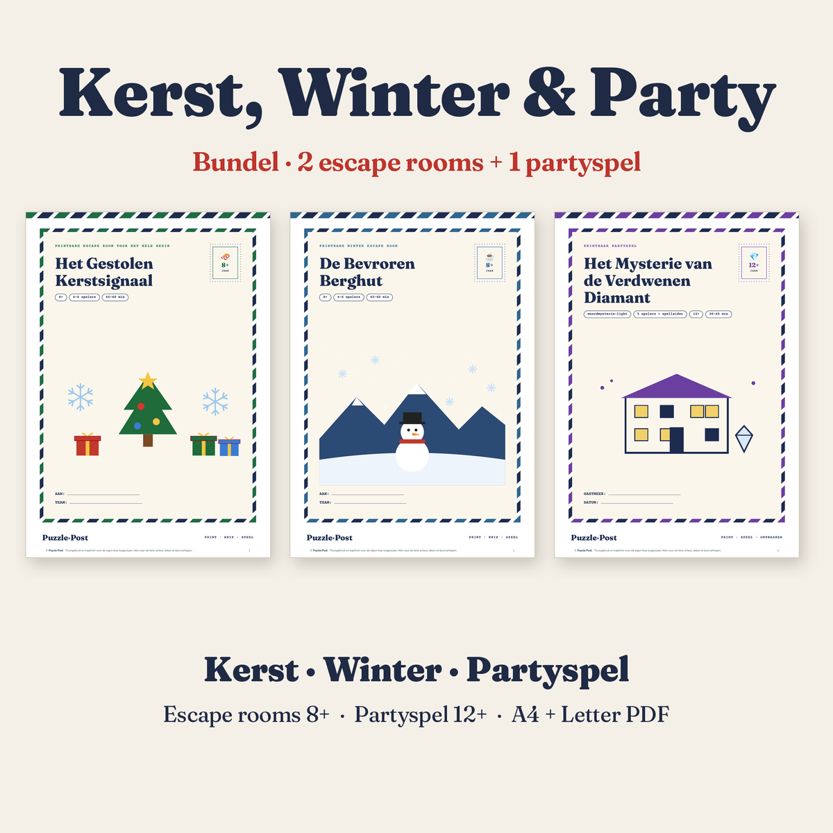 Kerst, Winter & Party Bundel van Puzzle Post – omslagen van Het Gestolen Kerstsignaal, De Bevroren Berghut en Het Mysterie van de Verdwenen Diamant