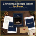 Christmas Escape Room for Adults: The Winterberg Christmas Riddle – flat lay of real printed pages: Clara's letter, the cover and two puzzle pages partly covered with a TOP SECRET label, with envelopes, a key, pine branches and a candle on a wooden table; 2–6 players · 60–90 min · 9 puzzles · 18 pages