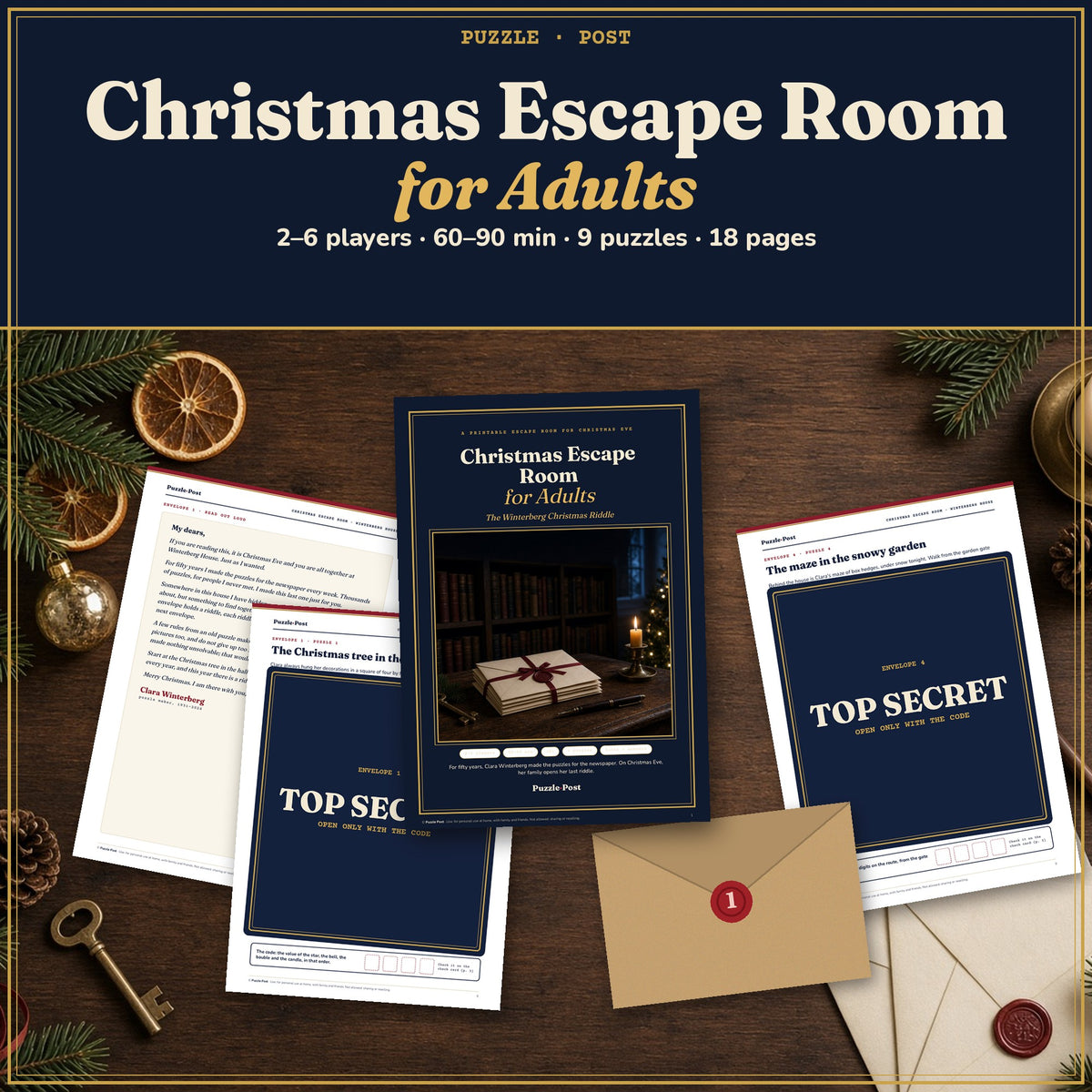 Christmas Escape Room for Adults: The Winterberg Christmas Riddle – flat lay of real printed pages: Clara's letter, the cover and two puzzle pages partly covered with a TOP SECRET label, with envelopes, a key, pine branches and a candle on a wooden table; 2–6 players · 60–90 min · 9 puzzles · 18 pages