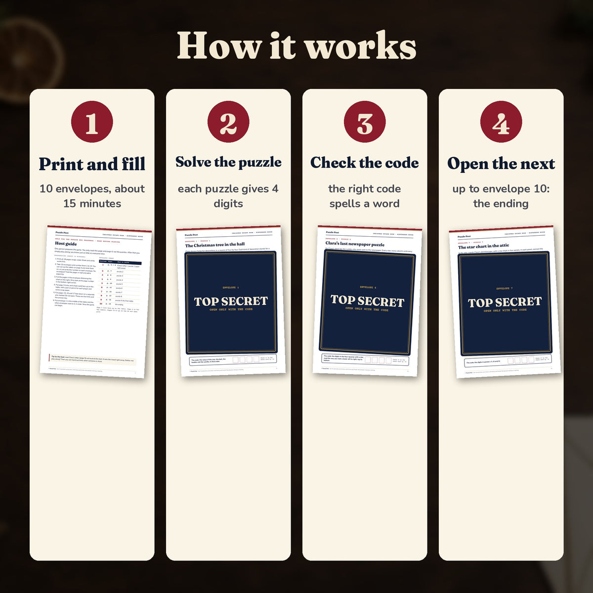 How it works: print and fill 10 envelopes, solve the puzzle, check the 4-digit code on the check card and open the next envelope; with the host guide and three puzzle pages partly covered with a TOP SECRET label