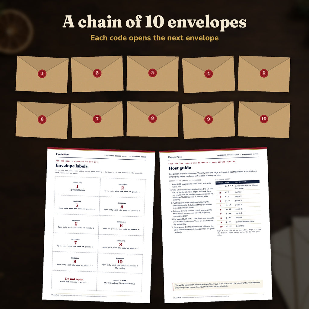 A chain of 10 numbered envelopes with the envelope labels and the host guide of the Christmas escape room for adults