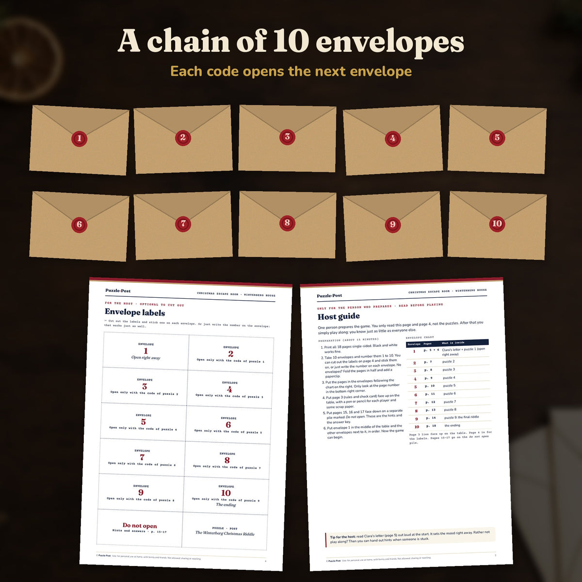 A chain of 10 numbered envelopes with the envelope labels and the host guide of the Christmas escape room for adults