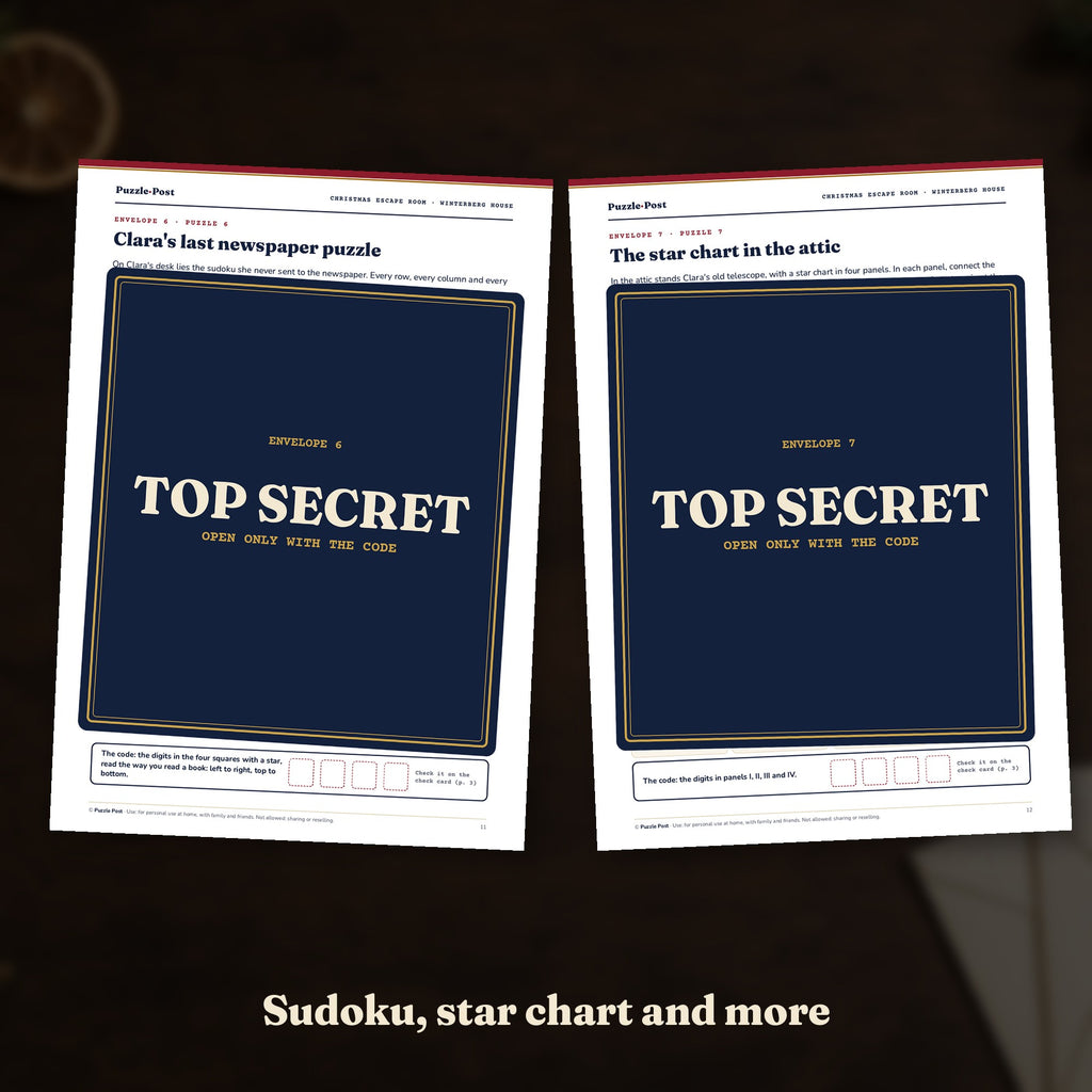 Sudoku, star chart and more: the pages for Clara's last newspaper puzzle and the star chart in the attic, partly covered with a TOP SECRET label