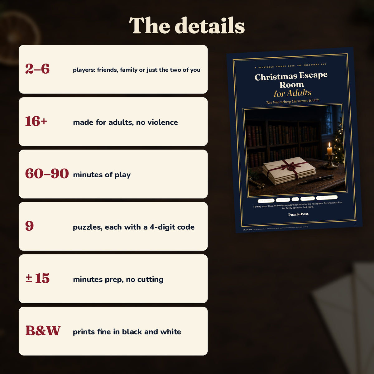 The details: 2–6 players, 16+, 60–90 minutes, 9 puzzles, about 15 minutes prep, prints in black and white