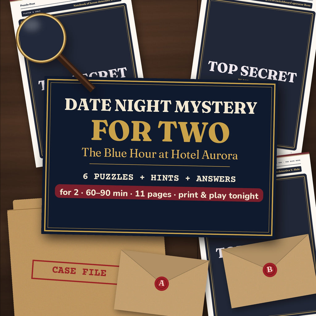 Date Night Mystery for Two: The Blue Hour at Hotel Aurora – flat lay of real printed pages from the Player A and Player B files, with the playable part covered by a TOP SECRET label, plus a case folder, envelopes A and B and a magnifying glass; title and ‘for 2 · 60–90 min · 11 pages · print & play tonight’