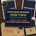Date Night Mystery for Two: The Blue Hour at Hotel Aurora – flat lay of real printed pages from the Player A and Player B files, with the playable part covered by a TOP SECRET label, plus a case folder, envelopes A and B and a magnifying glass; title and ‘for 2 · 60–90 min · 11 pages · print & play tonight’