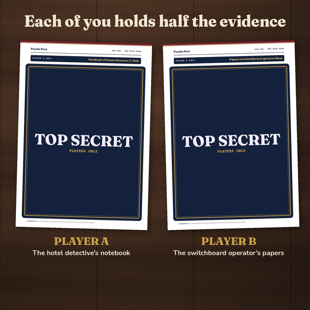 Each of you holds half the evidence: Player A the hotel detective's notebook, Player B the switchboard operator's papers; the playable part of both pages is covered by a TOP SECRET label