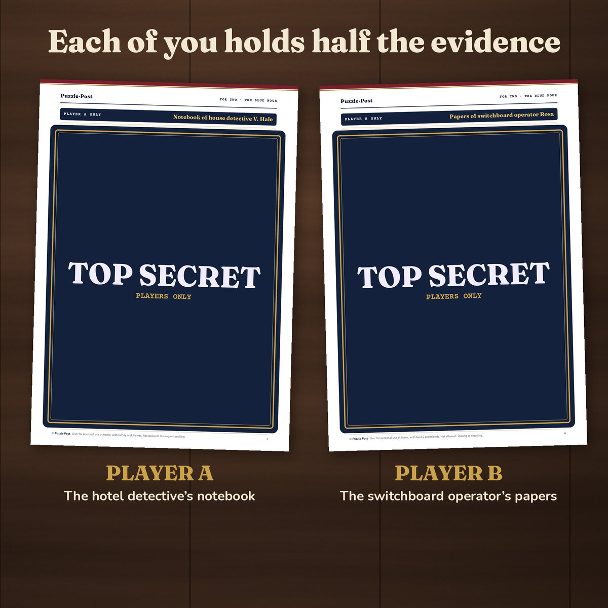 Each of you holds half the evidence: Player A the hotel detective's notebook, Player B the switchboard operator's papers; the playable part of both pages is covered by a TOP SECRET label