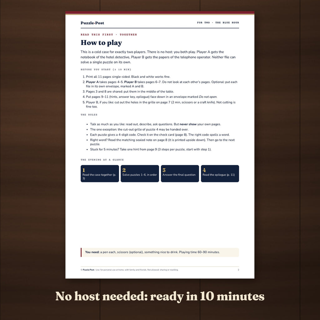 How to play: a one-page guide, no host needed, ready in 10 minutes