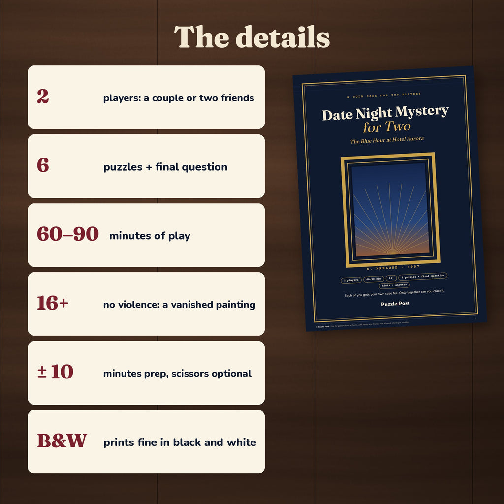 The details: 2 players, 6 puzzles + final question, 60–90 minutes, 16+, about 10 minutes prep, prints fine in black and white