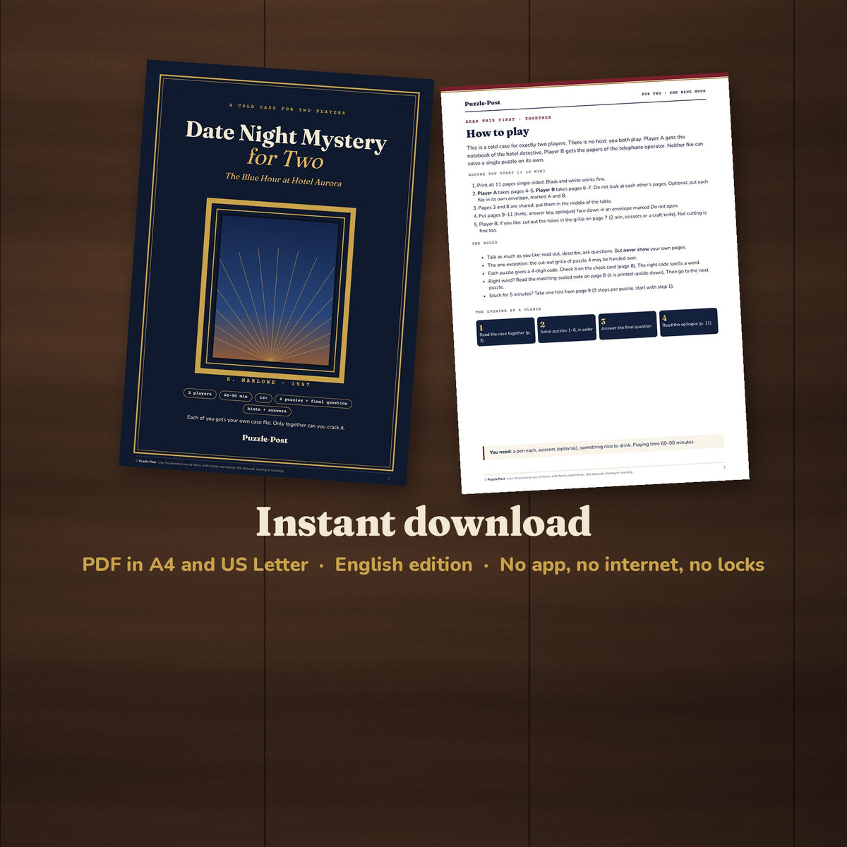 Date Night Mystery for Two as a PDF in A4 and US Letter, instant download, no app, internet or locks