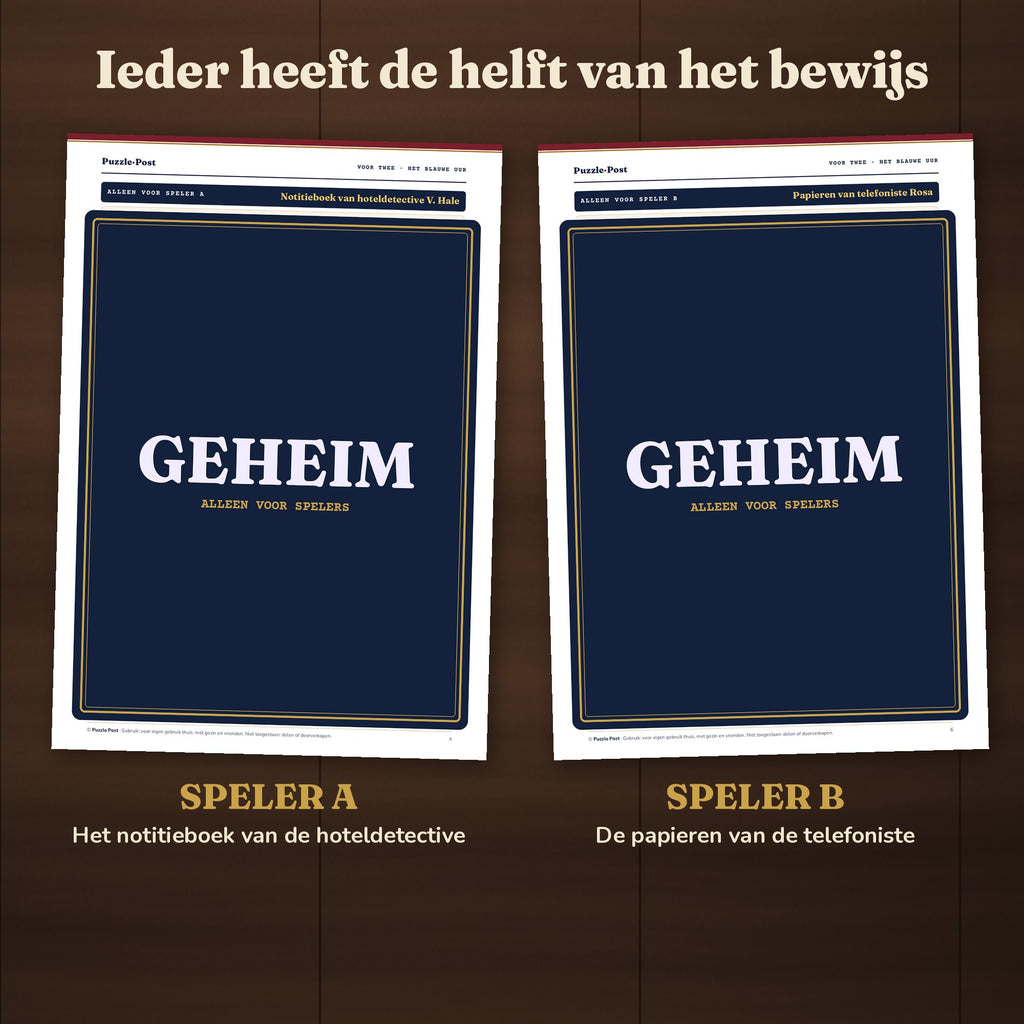 Ieder heeft de helft van het bewijs: speler A het notitieboek van de hoteldetective, speler B de papieren van de telefoniste; op beide pagina's is het speelbare deel afgedekt met een GEHEIM-label