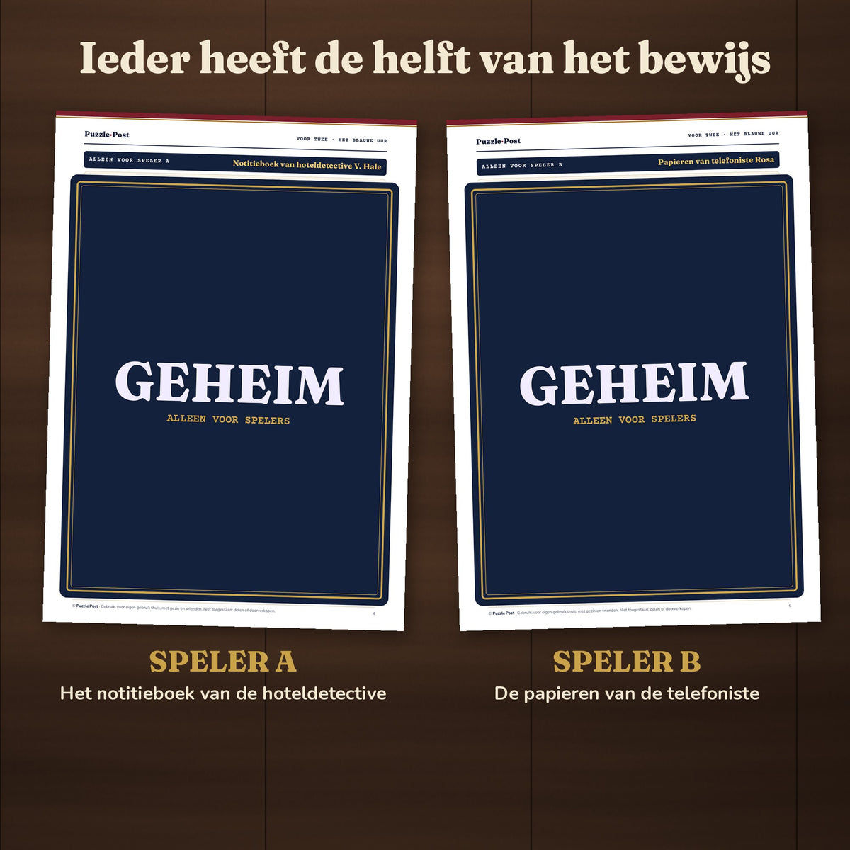 Ieder heeft de helft van het bewijs: speler A het notitieboek van de hoteldetective, speler B de papieren van de telefoniste; op beide pagina's is het speelbare deel afgedekt met een GEHEIM-label