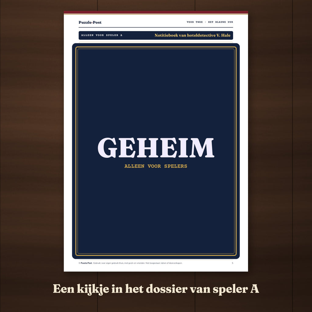 Een kijkje in het dossier van speler A van Date Night voor Twee: het notitieboek van hoteldetective V. Hale, met het speelbare deel afgedekt met een GEHEIM-label