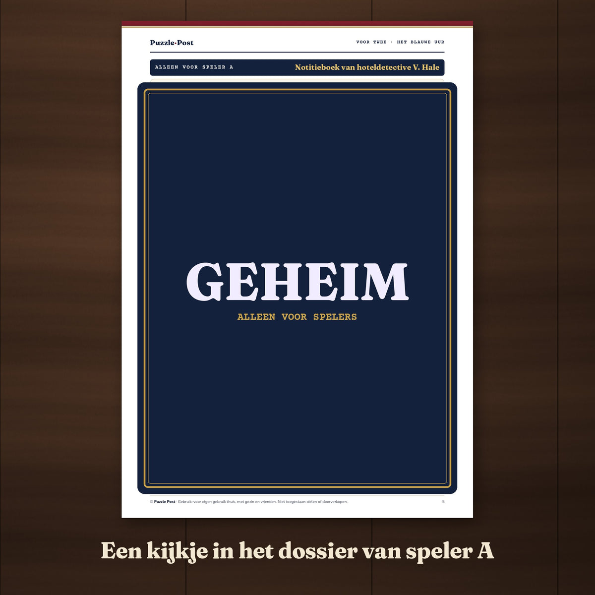 Een kijkje in het dossier van speler A van Date Night voor Twee: het notitieboek van hoteldetective V. Hale, met het speelbare deel afgedekt met een GEHEIM-label