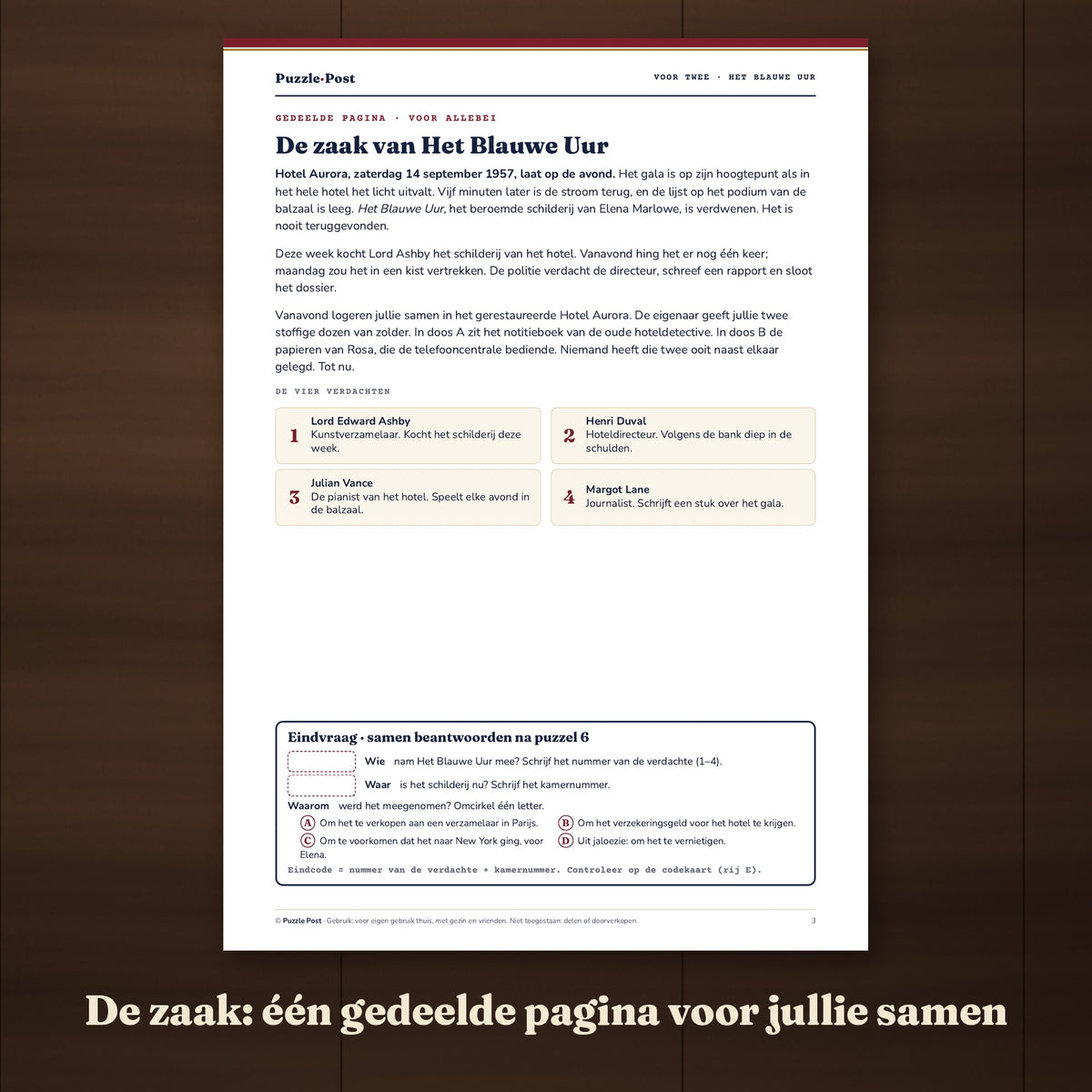 De zaak van Het Blauwe Uur: de gedeelde pagina met het verhaal en de verdachten