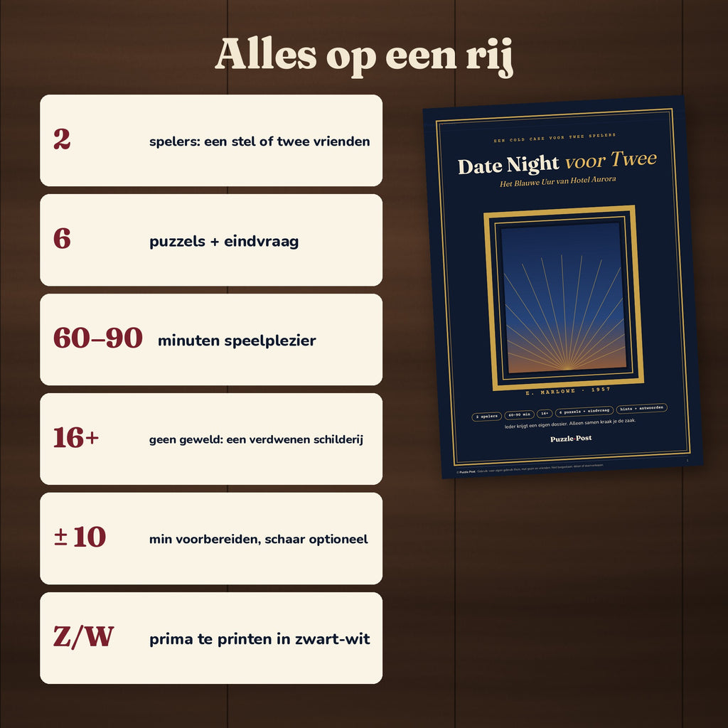 Alles op een rij: 2 spelers, 6 puzzels + eindvraag, 60–90 minuten, 16+, ca. 10 minuten voorbereiden, prima in zwart-wit