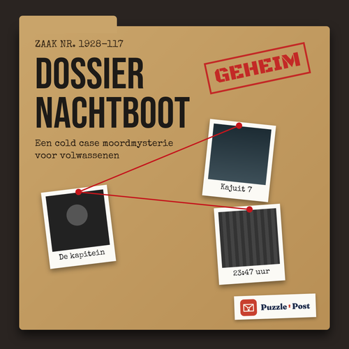 Dossier Nachtboot – printbare cold case voor volwassenen, omslag als politiedossier met polaroids en rood touw
