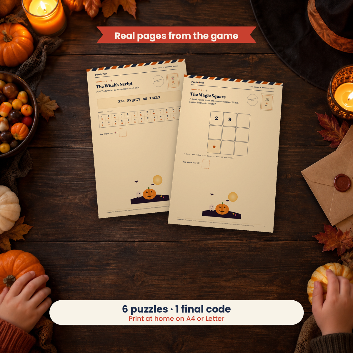 Aunt Trudy’s Haunted House – players solving the real puzzle pages at the table