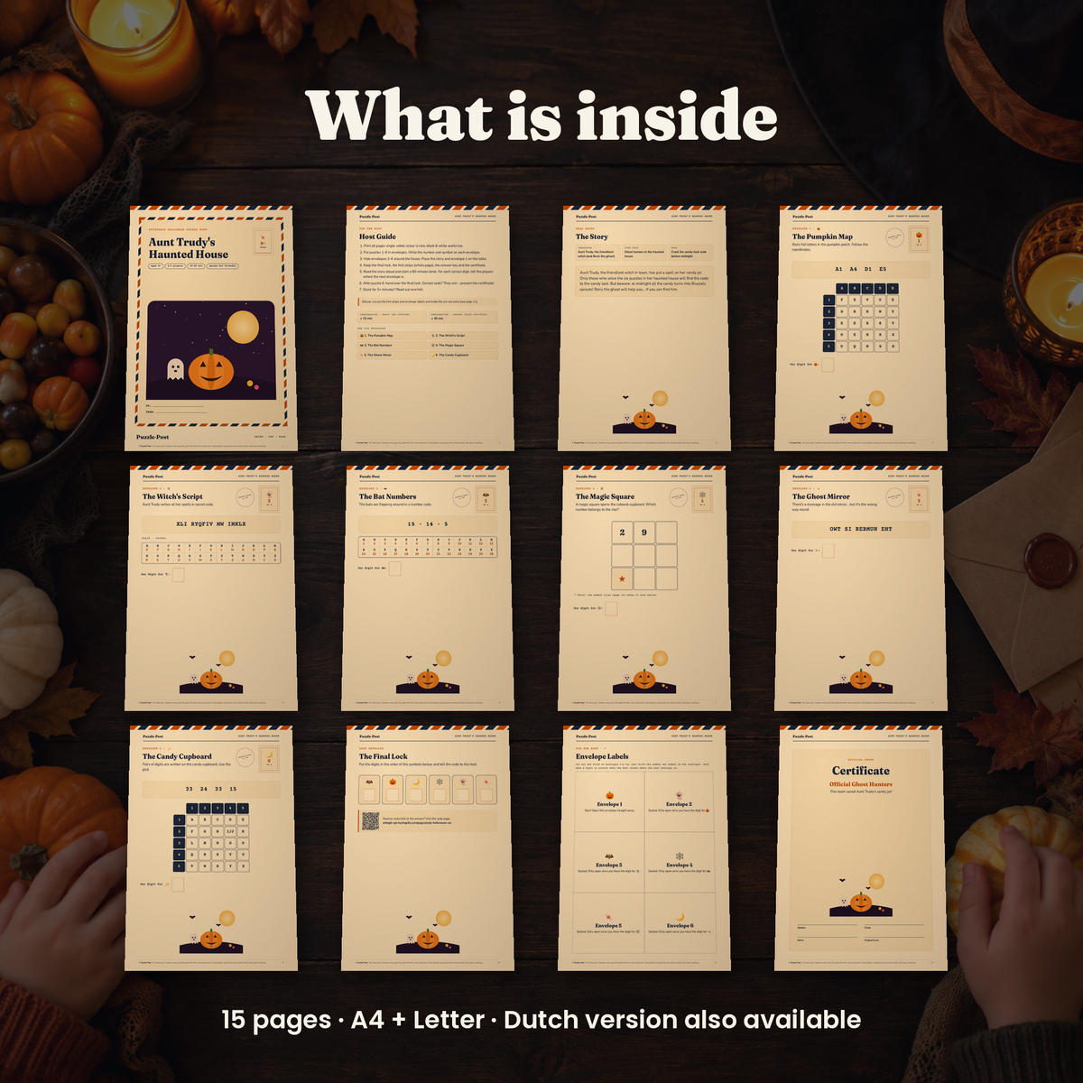 Aunt Trudy’s Haunted House – what’s inside: story, puzzles, hint cards and certificate