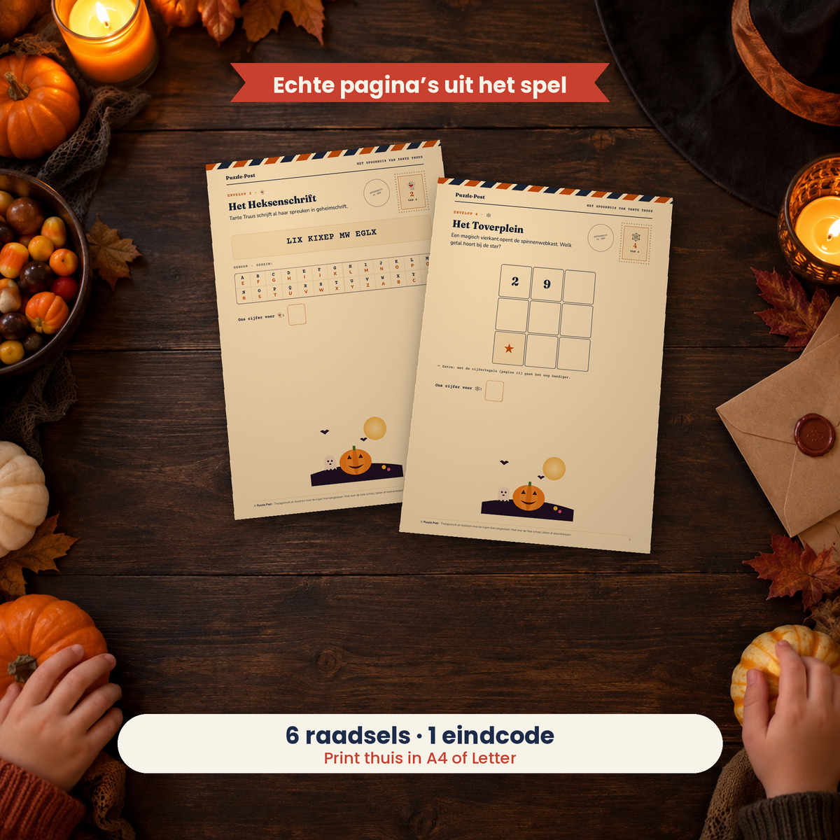 Aunt Trudy’s Haunted House – players solving the real puzzle pages at the table