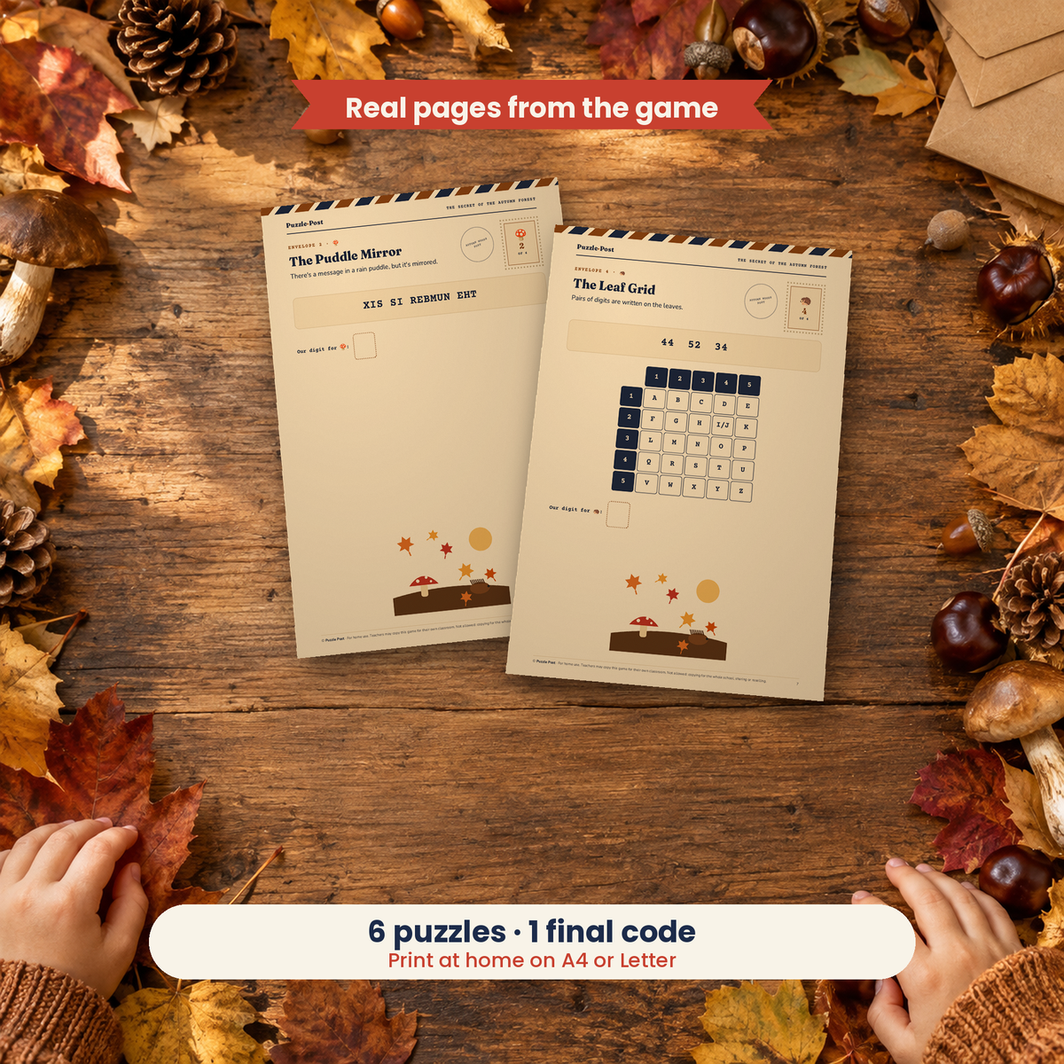 The Secret of the Autumn Forest – players solving the real puzzle pages at the table