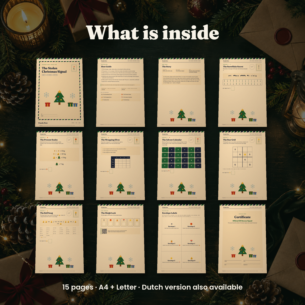 The Stolen Christmas Signal – what’s inside: story, puzzles, hint cards and certificate