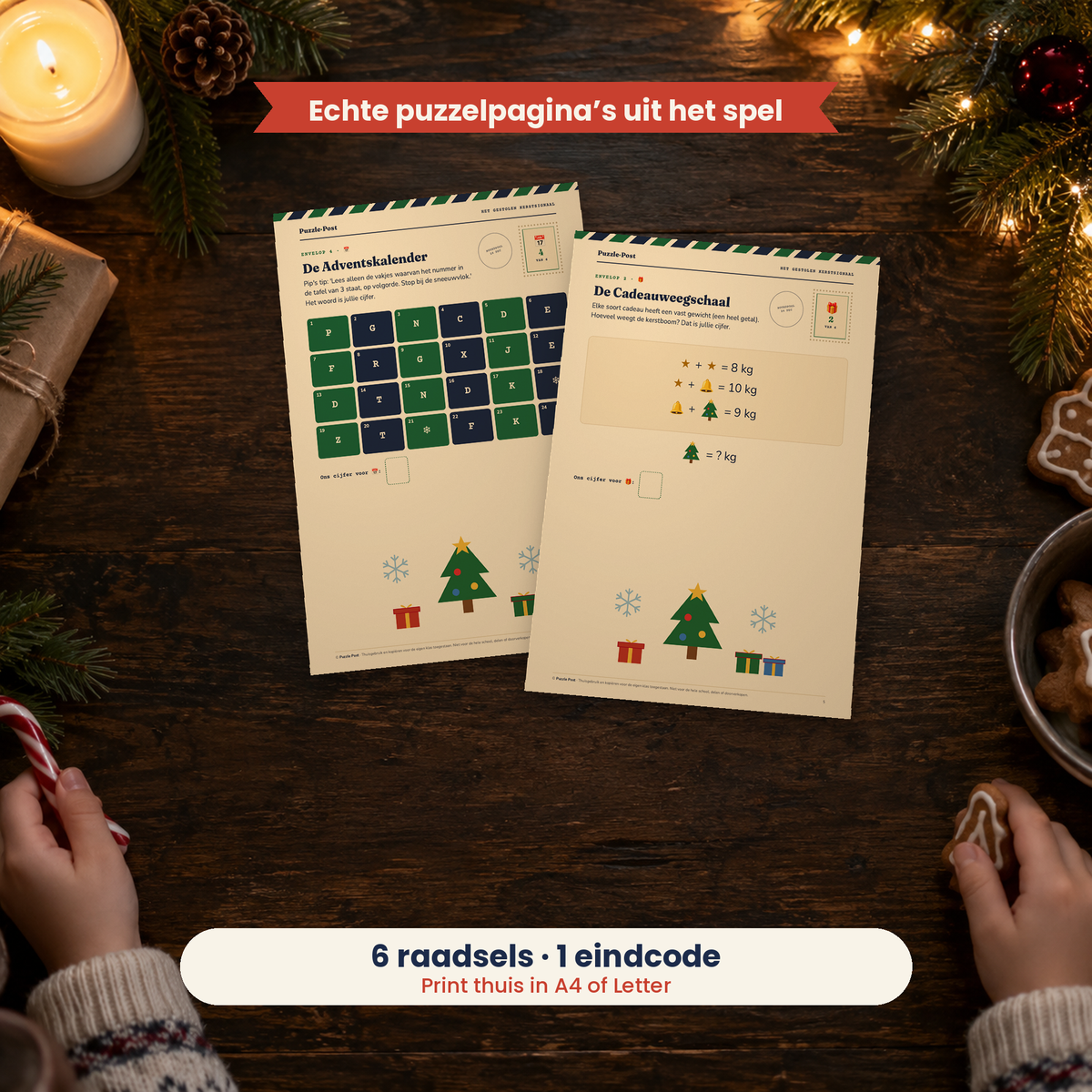 The Stolen Christmas Signal – players solving the real puzzle pages at the table