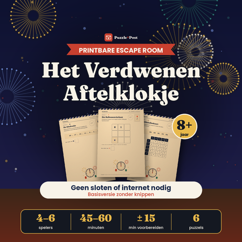 Het Verdwenen Aftelklokje – printbare escape room voor oud en nieuw, 8+, 4–6 spelers