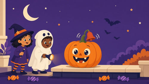 The Pumpkin Alarm – mood image: children dressed as a witch and a ghost with a torch next to a smiling pumpkin