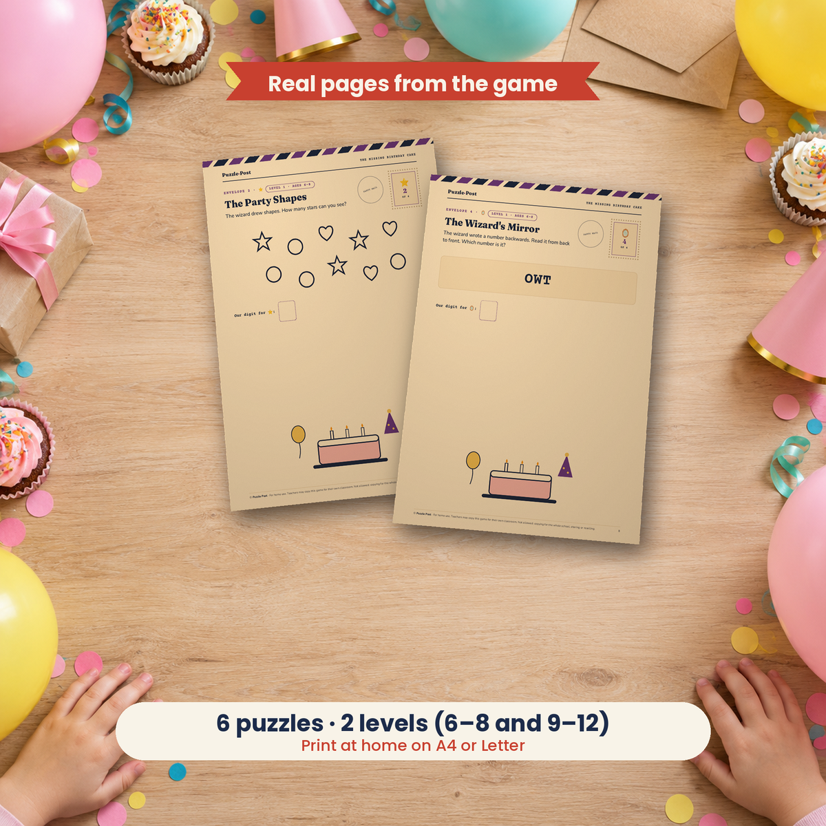 The Missing Birthday Cake – players solving the real puzzle pages at the table