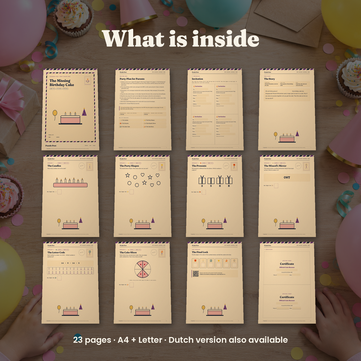 The Missing Birthday Cake – what’s inside: story, puzzles, hint cards and certificate