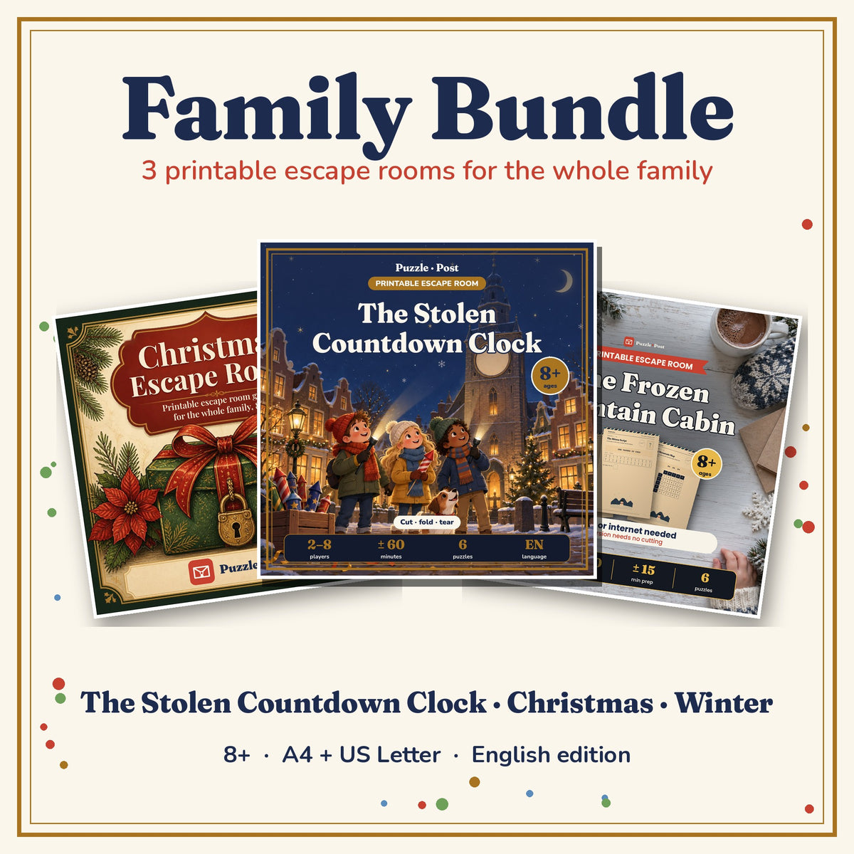 Family Bundle, English edition – covers of The Stolen Countdown Clock, Christmas Escape Room and The Frozen Mountain Cabin