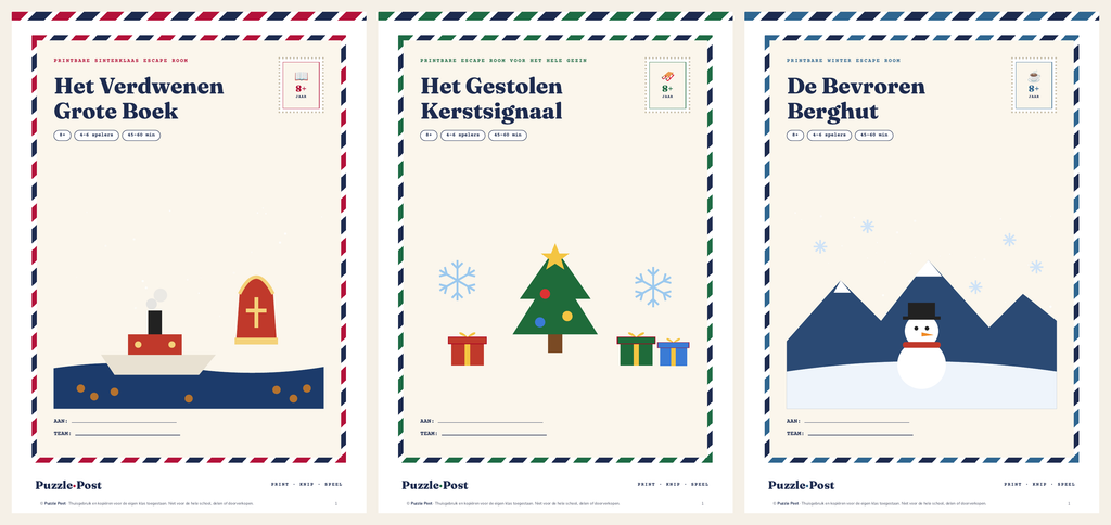 Omslagen van de drie spellen in de Feestdagenbundel: Het Verdwenen Grote Boek, Het Gestolen Kerstsignaal en De Bevroren Berghut