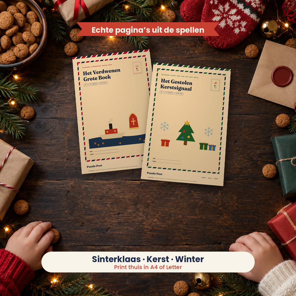 Holiday Bundle – players solving the real puzzle pages at the table